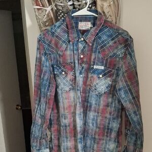 True Religion Blue and Red Plaid Casual Button Down Shirt